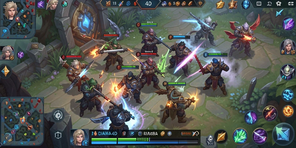 Screenshot gameplay DIANA4D menampilkan aksi seru di arena pertempuran MOBA.