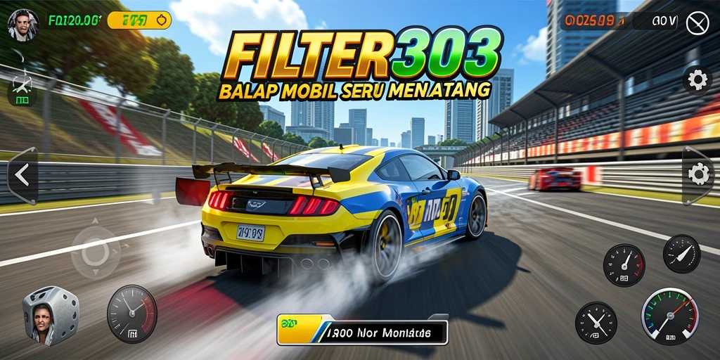 Gameplay seru FILTER303 dengan mobil balap di lintasan penuh tantangan.