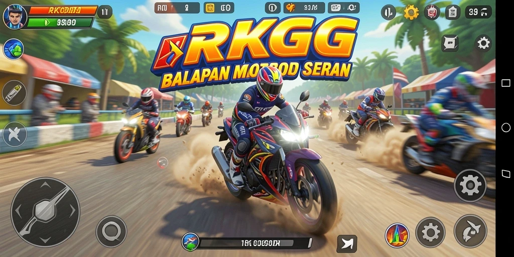 Screenshot gameplay RKGG dengan balapan motor yang mendebarkan.